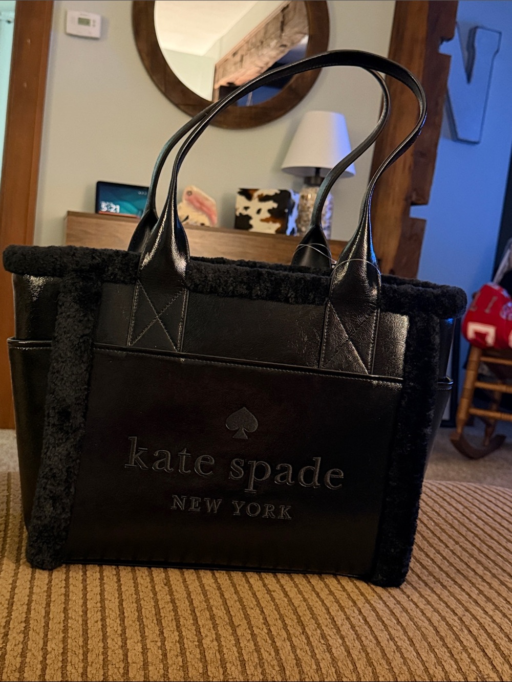 kate spade black shearling-trim tote